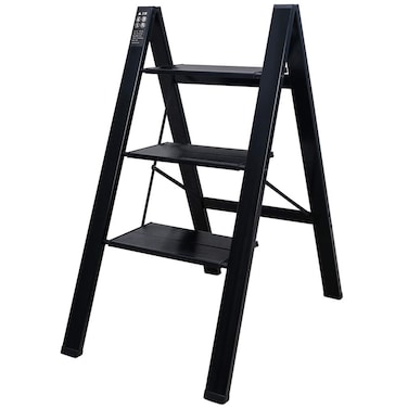 BAOYOUNI 3 Step Ladder Lightweight Folding Aluminum Step Stool Heavy Duty Stepladders Storage Shelf Rack with AntiSlip Wide Pedal for Household Office Plant Pots Displaying  Black