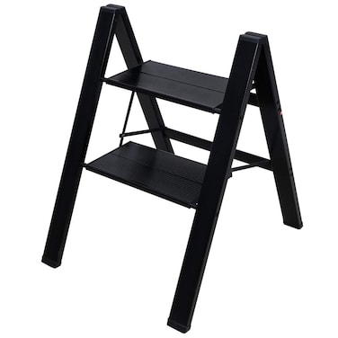 BAOYOUNI 2 Step Ladder Lightweight Folding Aluminum Step Stool Heavy Duty Stepladders Storage Shelf Rack with AntiSlip Wide Platform for Household Office Painting  Black