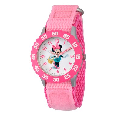 Kids W000024 Minnie Mouse Time Teacher Stainless Steel Watch with Pink Nylon Band White Childrens Watches
