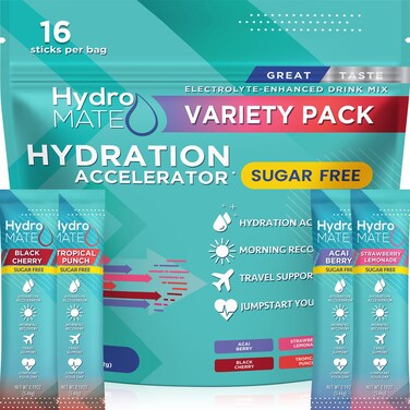 NatureWorks HydroMATE Electrolytes Powder No Sugar Keto Party Favors Sugar Free Hydration Packets Sticks with Vitamin C Variety Pack 16 Sticks