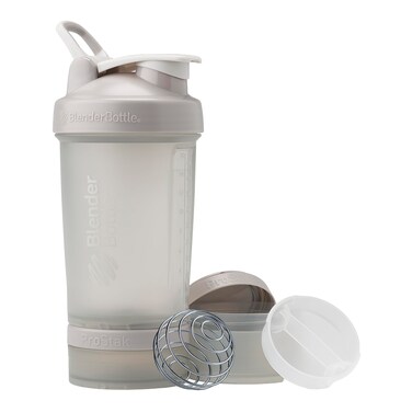 BlenderBottle Shaker Bottle with Pill Organizer and Storage for Protein Powder ProStak System 22Ounce Smoke Grey