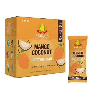AMRITA Mango Coconut Vegan Protein Bars  PeanutDairy Free Soy  Gluten Free 15g Plant Based Protein Bars High Fiber Low Sugar Meal Replacement Bar  Breakfast Bars  High Protein Bars