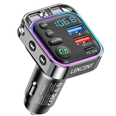 LENCENT Bluetooth 53 FM TransmitterPD 30W  QC30 Fast Charger Bluetooth Car AdapterHiFi MusicClear Calling Car FM Bluetooth Adapter