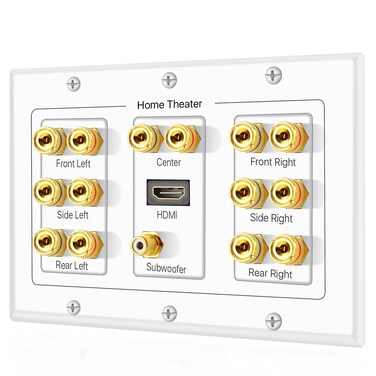 TNP Home Theater Speaker Wall Plate Outlet  71 Surround Sound Audio Distribution Panel Gold Plated Copper Banana Plug Binding Post Coupler RCA LFE Jack for Subwoofer HDMI 4K ARC Full HD 3Gang