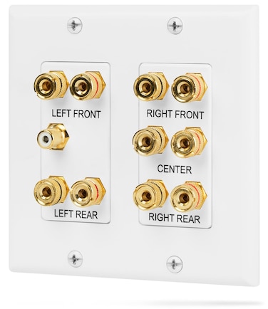 Fosmon 2Gang 51 Surround Distribution Home Theater Wall Plate  Premium Quality Gold Plated Copper Banana Binding Post Coupler Type Wall Plate for 5 Speakers and 1 RCA Jack for Subwoofer White