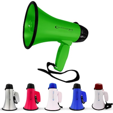 Technical Pro 20 Watts Lightweight Portable 300M Range Green Megaphone Bullhorn with Strap Siren and Volume Control Good for Trainers Soccer Football Baseball Coaches