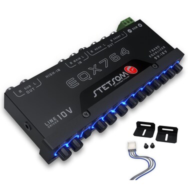 Stetsom EQX764 7 Band Equalizer PreAmp Car Audio Graphic Equalizer with 4 Inputs RCA  High 6 Outputs 10v Line Driver to Avoid Noise and Dedicated Sub Controls Level  Frequency