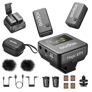 GODOX Magic XT1 Wireless Lavalier Microphone Microphone for Camera 2 TX  1 RX Charging Case Mini Mic with Noise Cancellation 16H Battery Touch Screen 200M60ft Wireless Microphone
