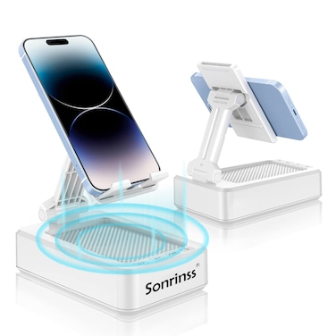 Cell Phone Stand with Wireless Bluetooth Speaker Adjustable HD Surround Sound Cell Phone Speaker AntiSlip Phone Holder for Desk Compatible with Any Smartphones Suitable for IndoorOutdoor White