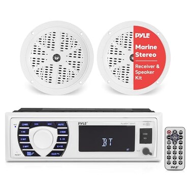Pyle Marine Receiver  Speaker Kit  InDash LCD Digital Stereo Builtin Bluetooth  Microphone wAM FM Radio System 525 Waterproof Speakers 2 MP3USBSD Readers  Remote Control  PLMRKT36WT