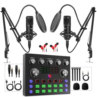 AndTree Podcast Equipment Bundle for 2 Audio Interface with Podcast Condenser Microphone Voice Changer DJ Mixer for Streaming Podcast Recording Gaming TikTok PC Smartphone