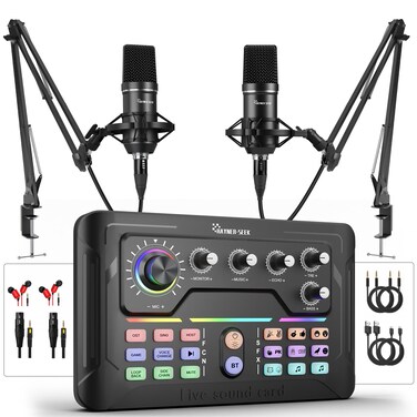 HaynerSeek Podcast Equipment Bundle for 2 Audio Mixer with 35mm Podcast Microphone Bluetooth voice change DJ Mixer for Live Streaming Singing Gaming