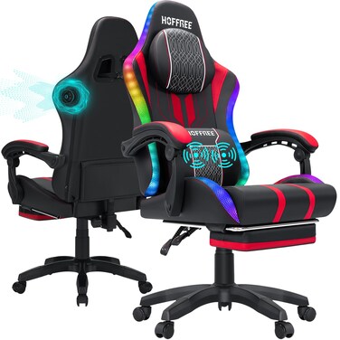 HOFFREE Led Gaming Chair with Speakers and Massage Big and Tall Video Game Chair for 400lbs with Footrest Reclining High Back Computer Chair Red Black