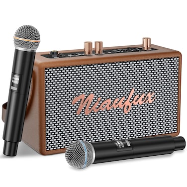 Karaoke Machine with Two Wireless Microphones Bluetooth Speaker  Brown
