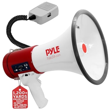 Pyle Megaphone 50Watt Siren Bullhorn  Bullhorn Speaker wDetachable Microphone Portable Lightweight Strap  Rechargeable Battery  Professional Outdoor Voice for Police  Cheerleading  PMP57LIA