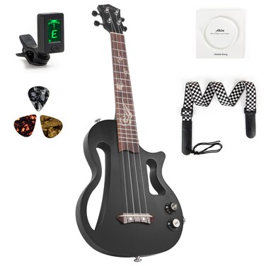 LOTKEY Silent Ukulele 26 Inch Okoume Body Electric Ukulele for Practice or Performances with AMP Output Italian Nylon String wTuner Strap  Full Accessories Black