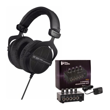 beyerdynamic DT990 Pro Acoustically Open Headphones 250 Ohms Bundle with Compact 4Channel Stereo Headphone Amplifier with DC 12V Power Adapter 2 Items