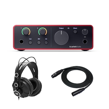 Focusrite Scarlett Solo 4th Gen USB Audio Interface with Scarlett Mic Pre Air Mode and Loopback Bundle with ClosedBack Studio Headphones and XLR Cable 3 Items