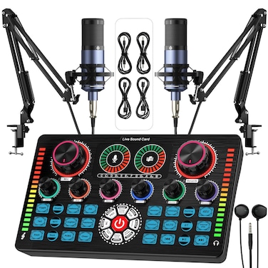 Keten Podcast Equipment Bundle AllinOne Audio Interface DJ Mixer with 2 XLR Condenser Microphones Recording Studio Kit Live Sound Card for Singing BroadcastLive StreamingGamingVoice Over