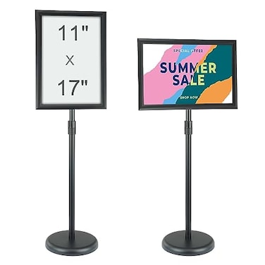 VEVOR Pedestal Sign Holder 11 x 17 Inch Vertical and Horizontal Adjustable Poster Stand HeavyDuty Floor Standing Sign Holder with Round Base for Display Advertisement and Outdoor Black