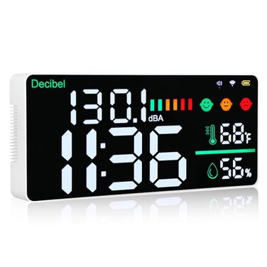 Chaoos 5in1 Noise Monitor Wall Mounted Decibel Meter MultiFunction Noise Meter with Decibel Meter Thermometer Time and Hygrometer for Classrooms Studios Hospitals