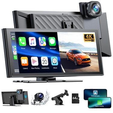 LAMTTO Wireless Carplay Android Auto with 4K Dash cam926 Inch Protable Carplay Screen for Car1080P Backup Camera Digital Media Receivers with Voice ControlBluetoothGsensorGPSMirror Link