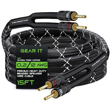 GearIT 12AWG Gauge 2 x 4mm Premium Heavy Duty Braided Speaker Wire 45 Meters  15 FeetBlack with Dual Gold Plated Banana Plug Tips  Oxygenfree Copper OFC Construction