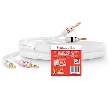 Nakamichi Excel Series 24k Gold Plated Banana Plug with 3 Feet 12AWG Speaker Cable Wire 999 OxygenFree Copper OFC Heavy Duty Braided for Amplifier HiFi Home Theatre  White 3ft09m