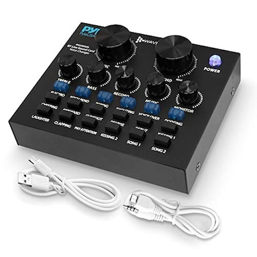 Pyle Bluetooth Mini Audio Podcast Mixer  Live Streaming For PC Computer iPhone Broadcasting  Voice Changer V8 Sound Card with 12 Sound Effects3 Inputs Mic Input PKSCRD208