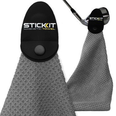 STICKIT Magnetic Towel Gray  TopTier Microfiber Golf Towel with Deep Waffle Pockets  Industrial Strength Magnet for Strong Hold to Golf Carts or Clubs