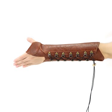 QWORK Handmade Leather Archery Arm Guard Hand Protector Brace for Longbow Hunting and Shooting  Brown Adjustable Fit 33cm Length Unisex Medieval Bracer Arm Protector