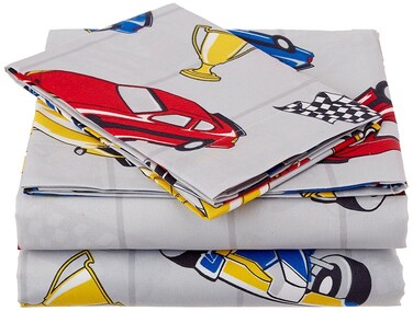 Linen Plus Sheet Set for Boys Teens Race Cars Flags Champion Grey Yellow Red Blue Black White Flat Sheet Fitted Sheet and Pillow Cases Full Size New