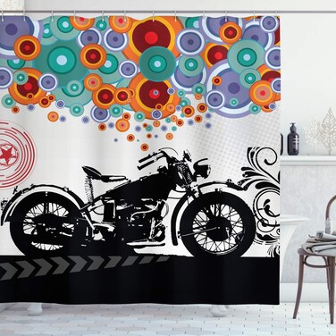 Ambesonne Manly Shower Curtain Motorcycle and Abstract Circle Shapes Ornaments Urban Modern Lifestyle Party Theme Cloth Fabric Bathroom Decor Set with Hooks 70 Long Teal Black