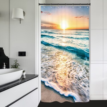 Riyidecor Stall Small Shower Curtain Half Summer 36x72 Inch RV Mini Single Narrow Ocean Beach Coastal Hawaiian Sunrise Sea Wave Seaside Scene Island Blue Cool Set Waterproof 7 Pack Hooks BBJWXP