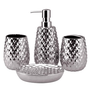 4Piece Ceramic Bathroom Accessories Set Moroccan Trellis Bathroom Ensemble Complete Sets for Bath Decor Includes Soap Dispenser Pump Toothbrush Holder Tumbler Soap Dish Ideas Home Gift Silver