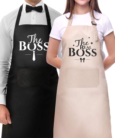 Genrics Couple Aprons for CookingThe Boss The Real Boss Apron Set Funny Adjustable Baking Aprons His and Her Engagement Anniversary Wedding Valentines Day Bridal Shower Gift Black 275Lx314W INCHS
