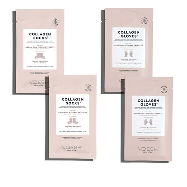 Voesh New York Collagen Gloves and Socks Argan Oil Collagen Infused 4 Pack 2 Pack of Gloves 2 Pack of Socks At Home Spa Body Care Nourishing Hydrating Gloves and Socks