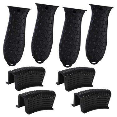 SHOWAY Silicone Hot Handle Holder 8 Pieces Pot Holders Cover Silicone Assist Handle Holder Non Slip Pot Holders Rubber Heat Resistant Pot for Frying Cast Iron Skillet Metal Pan Black All Black
