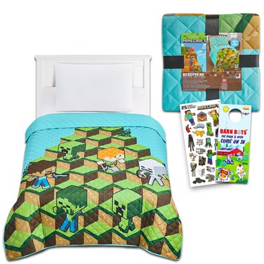 Minecraft Bedspread Twin Set for Kids  Bundle with Minecraft Quilted Bedspread for Twin Bed Plus Stickers More  Minecraft Twin Bedding Set for Boys