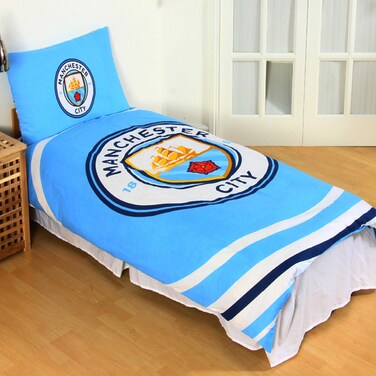 Manchester City FC Official Reversible Pulse Single Duvet Set Single Sky BlueWhite