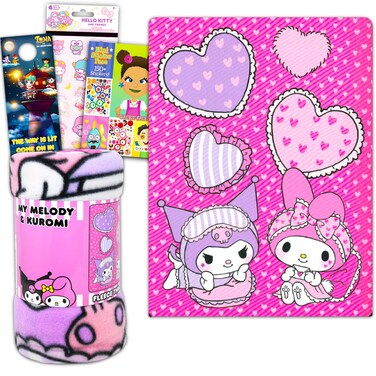 Hello Sanrio Sanrio Hello Kitty Fleece Blanket Set  My Melody and Kuromi Blanket Bundle with Hello Kitty Stickers and More for Kids Full