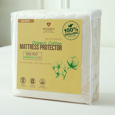 MATTSHIELD ORIGINAL Deluxe Waterproof Organic Mattress Protector  Certified Organic Cotton Breathable Mattress Pad Cover  New 280 GSM Comfort  Jersey Cotton Skirt  Fitted Comfort Queen
