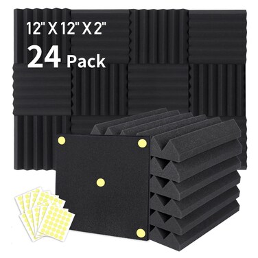 Focusound 24 Packs Acoustic Foam Panels 2 X 12 X 12 High Density 25kgm3 Soundproofing Foam Noise Cancelling Foam with 120 PCS DoubleSide Adhesive