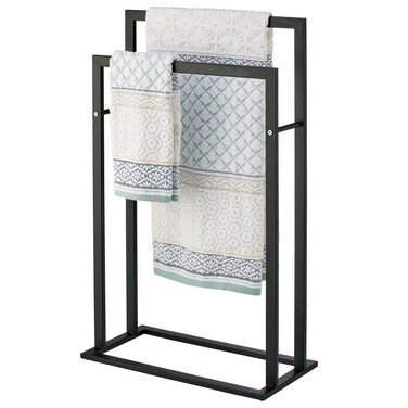 mDesign Towel Holder  2Bar Towel Rail for Bathroom Storage and Organisation  Freestanding Towel Rack for Bath Hand and Face Towels  Matte Black