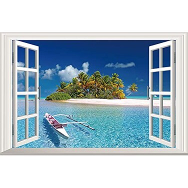 Home Find 3D Fake Windows Walls Stickers Boat on The Blue Sea Palm Tree Decals Frame Window Decor Removable Self Adhesive Vinyl Bedroom Living Room Home Decorations