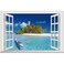 Home Find 3D Fake Windows Walls Stickers Boat on The Blue Sea Palm Tree Decals Frame Window Decor Removable Self Adhesive Vinyl Bedroom Living Room Home Decorations