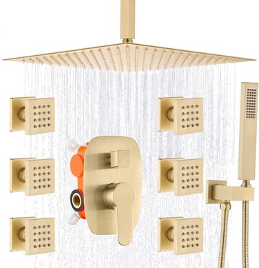 AYIVG Biluhose Modern Bathroom Body Brass Brushed Gold 12 Inch Ceiling Rainfall Shower System Body Jet Mixer Set
