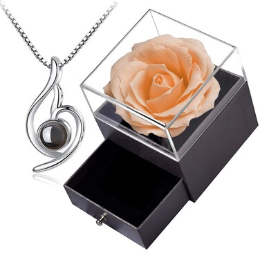 Forever Rose Gift Box with Necklace  Real eternal rose with 925 Sterling Silver women necklace insideEnchanted Real Rose Flower for Valentines Day Anniversary Wedding Romantic Gifts for Her