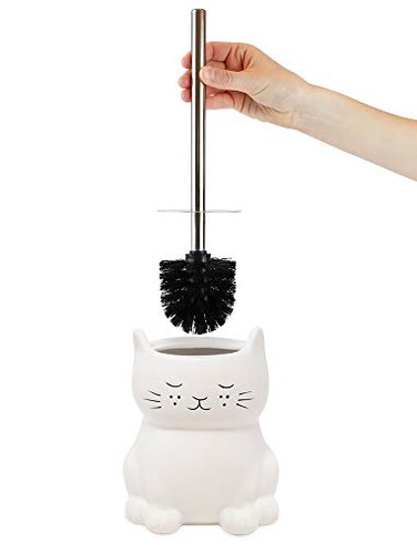 Isaac Jacobs White Ceramic Cat Toilet Bowl Brush Holder with Chrome Metal Handle Unassembled  Bathroom Accessory  Cleaning Storage Cat