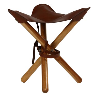 Bare Decor Cuspand Teak and Genuine Leather Artist Folding Accent Stool in Brown